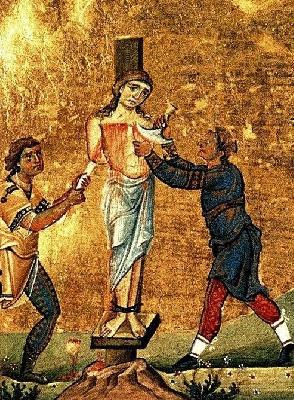 Мъченичество на света Агатия Панормска. Фрагмент от миниатюра в стара ромейска минология (месецослов). Константинопол