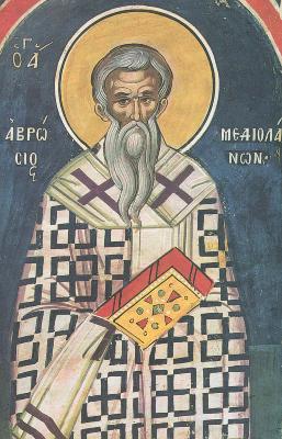 Свети Амвросий Медиолански. Фреска. Атон (Дионисиат). 1547 г.