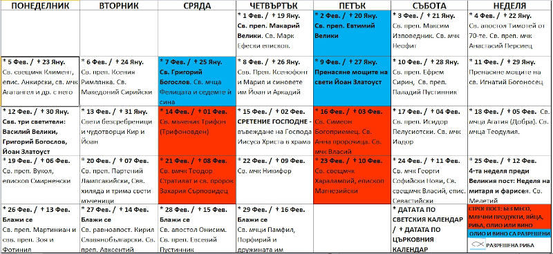 Църковен календар за февруари 2024 г.