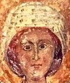 Света мъченица Лукия дева. Фрагмент от стара италианска стенопис от пещерен храм. Моттоле, Бари, Италия