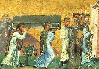 Пренасяне мощите на свети свещеномъченик Игнатий Богоносец. Фрагмент от миниатюра в стара ромейска минология