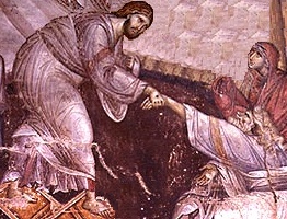 Христос побеждава дявола, разбива вратите на ада и изважда от там прародителите Адам и Ева