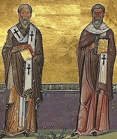 Светите епископи Исакий и Мелетий. Фрагмент от миниатюра в стара ромейска минология
