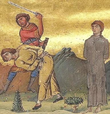 Мъченичество на светите Евлампий и Евлампия. Фрагмент от миниатюра в стара ромейска минология. Константинопол